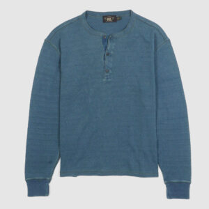 Double RL Long Sleeve Jacquard-Knit Indigo Dyed Henley Shirt - indigo